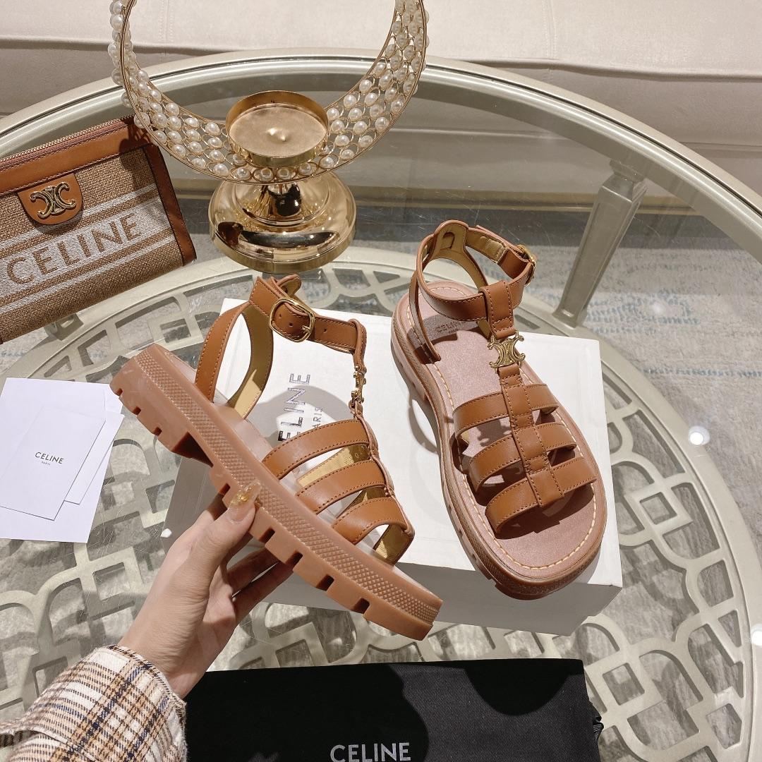 Celine Clea Triomphe Gladiator Sandal In Calfskin - Vegetal Tanning Tan - DopestKickz
