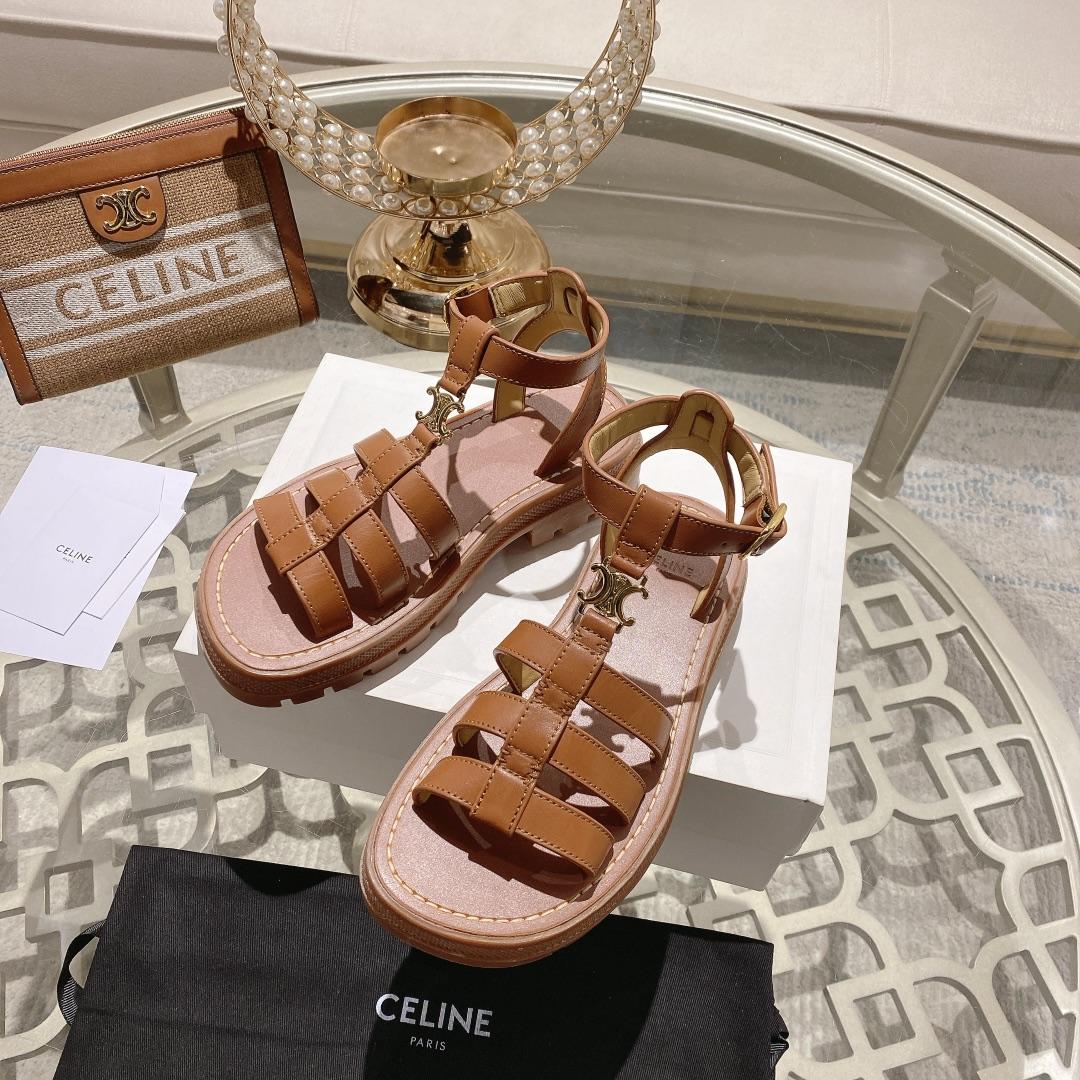 Celine Clea Triomphe Gladiator Sandal In Calfskin - Vegetal Tanning Tan - DopestKickz