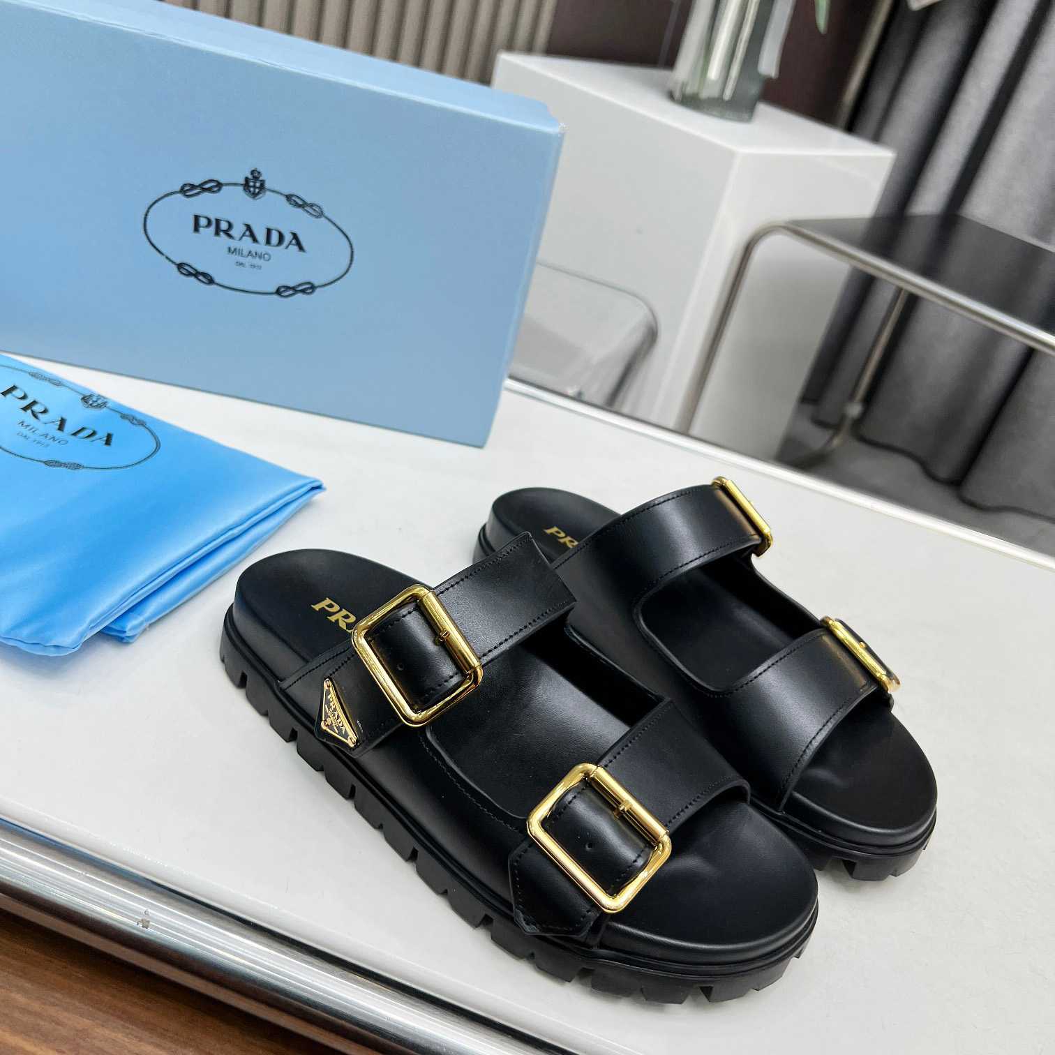 Prada Leather Strap Slides - DopestKickz