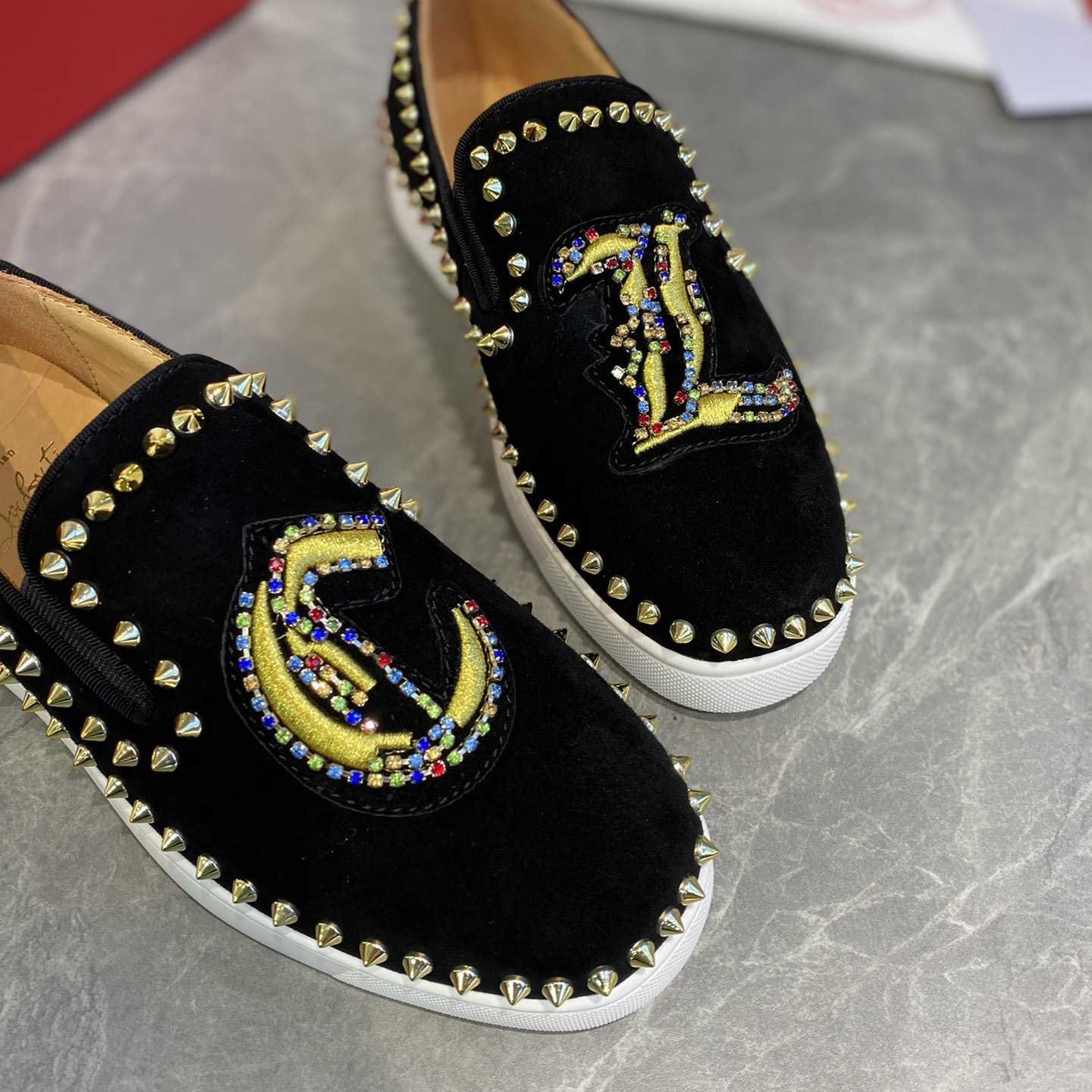 Christian Louboutin Studded Suede Spike Slip-On Sneakers - DopestKickz