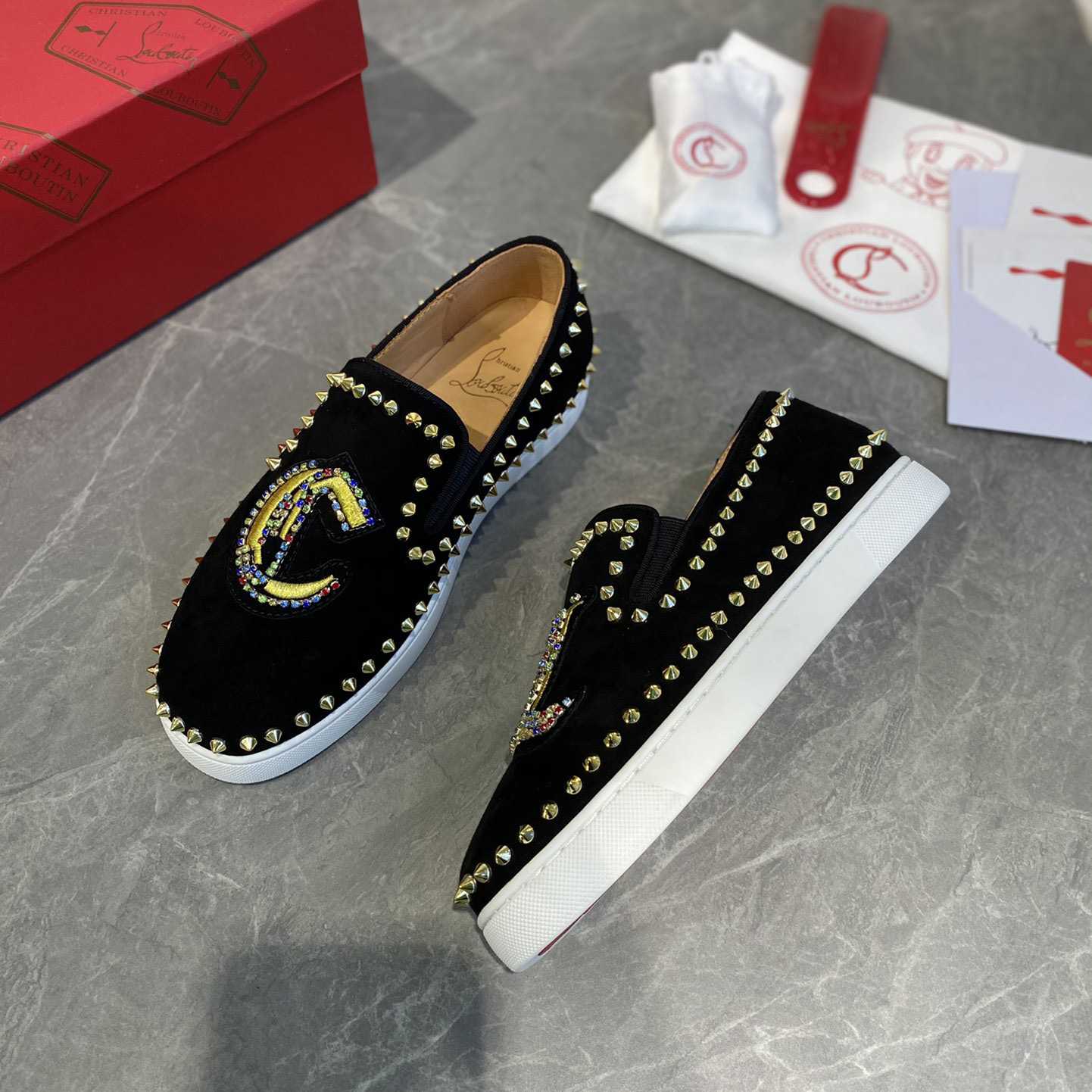 Christian Louboutin Studded Suede Spike Slip-On Sneakers - DopestKickz