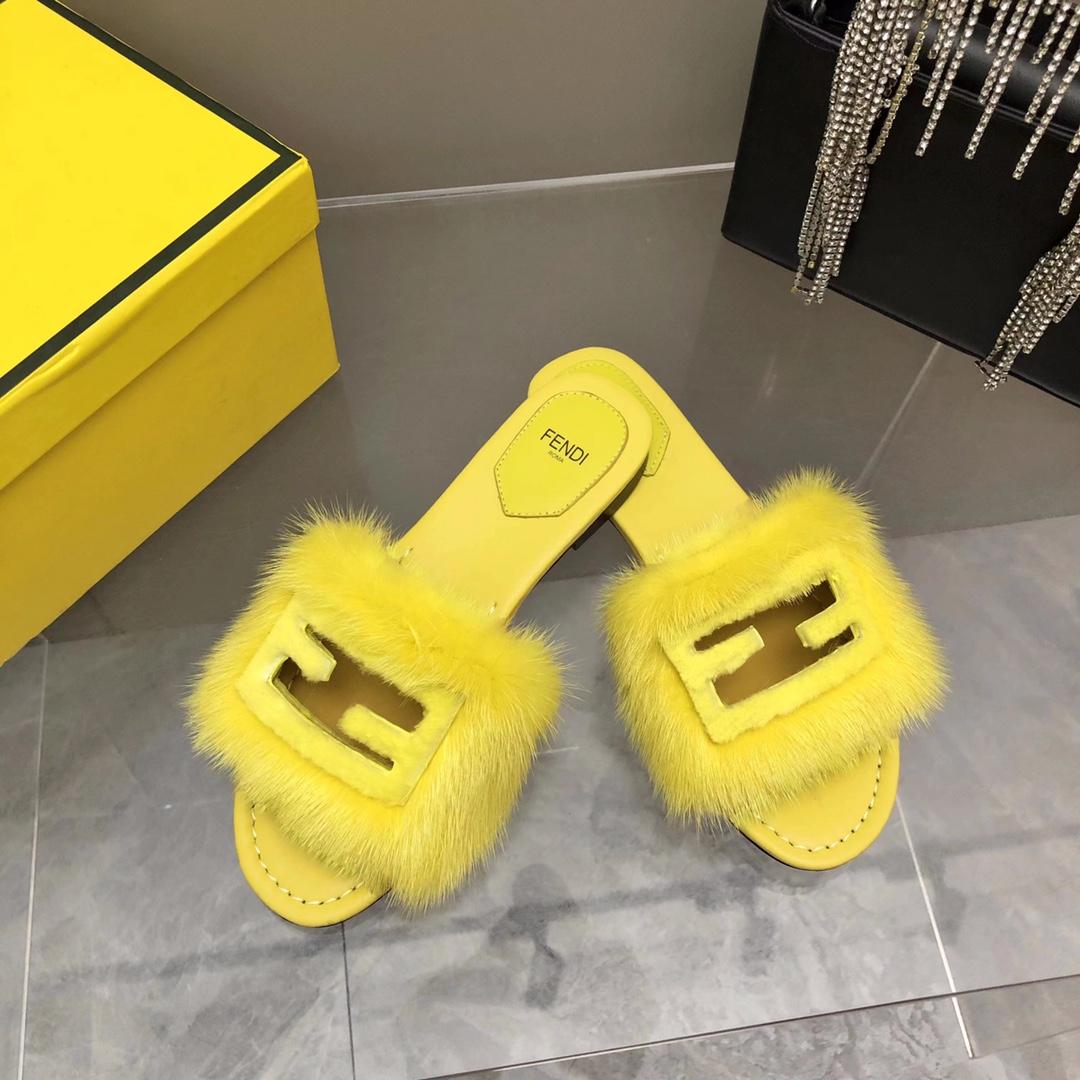 Fendi Baguette Yellow Mink Slides - DopestKickz