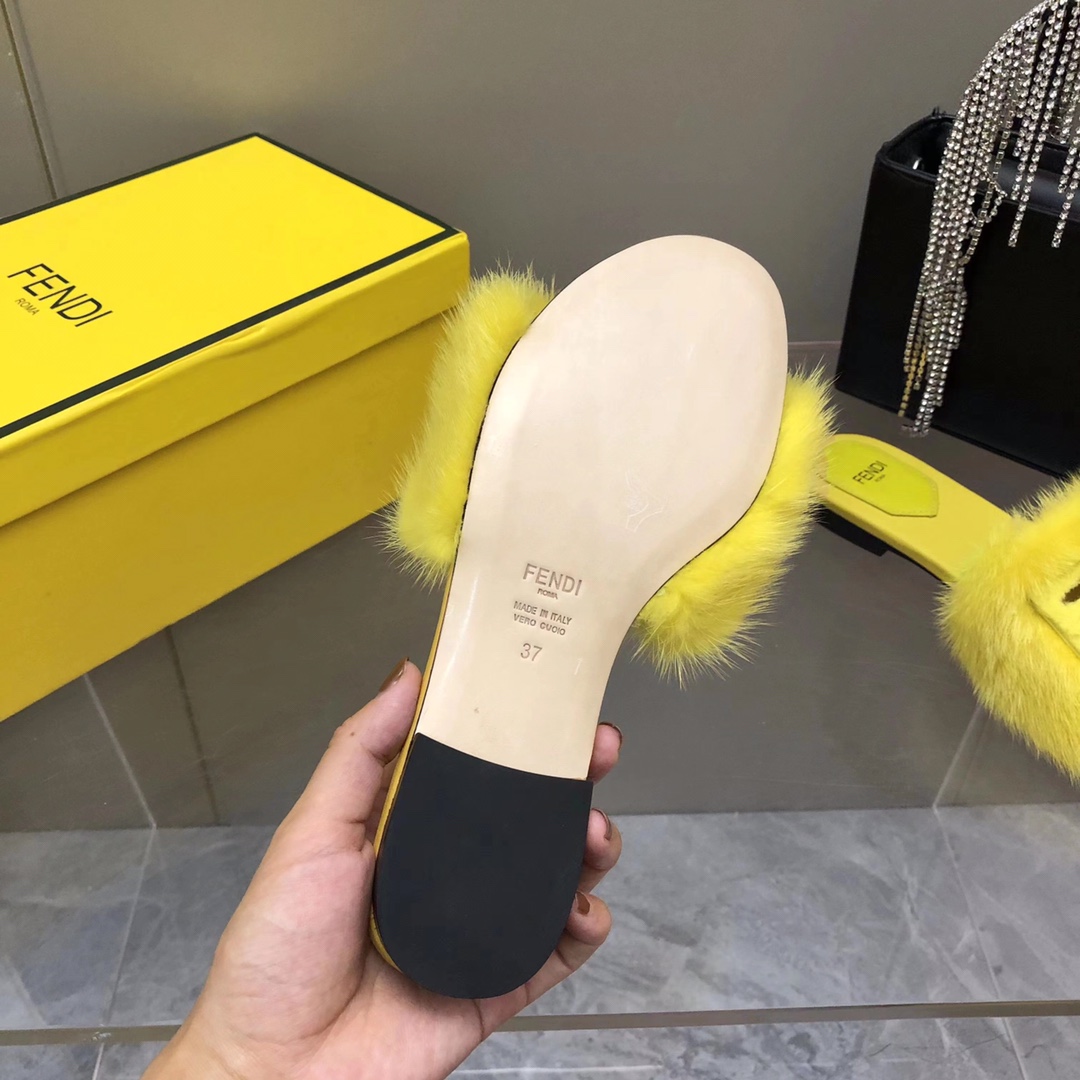 Fendi Baguette Yellow Mink Slides - DopestKickz