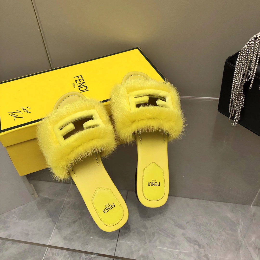 Fendi Baguette Yellow Mink Slides - DopestKickz