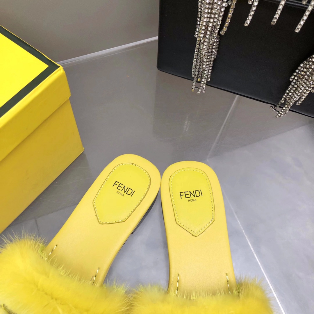 Fendi Baguette Yellow Mink Slides - DopestKickz