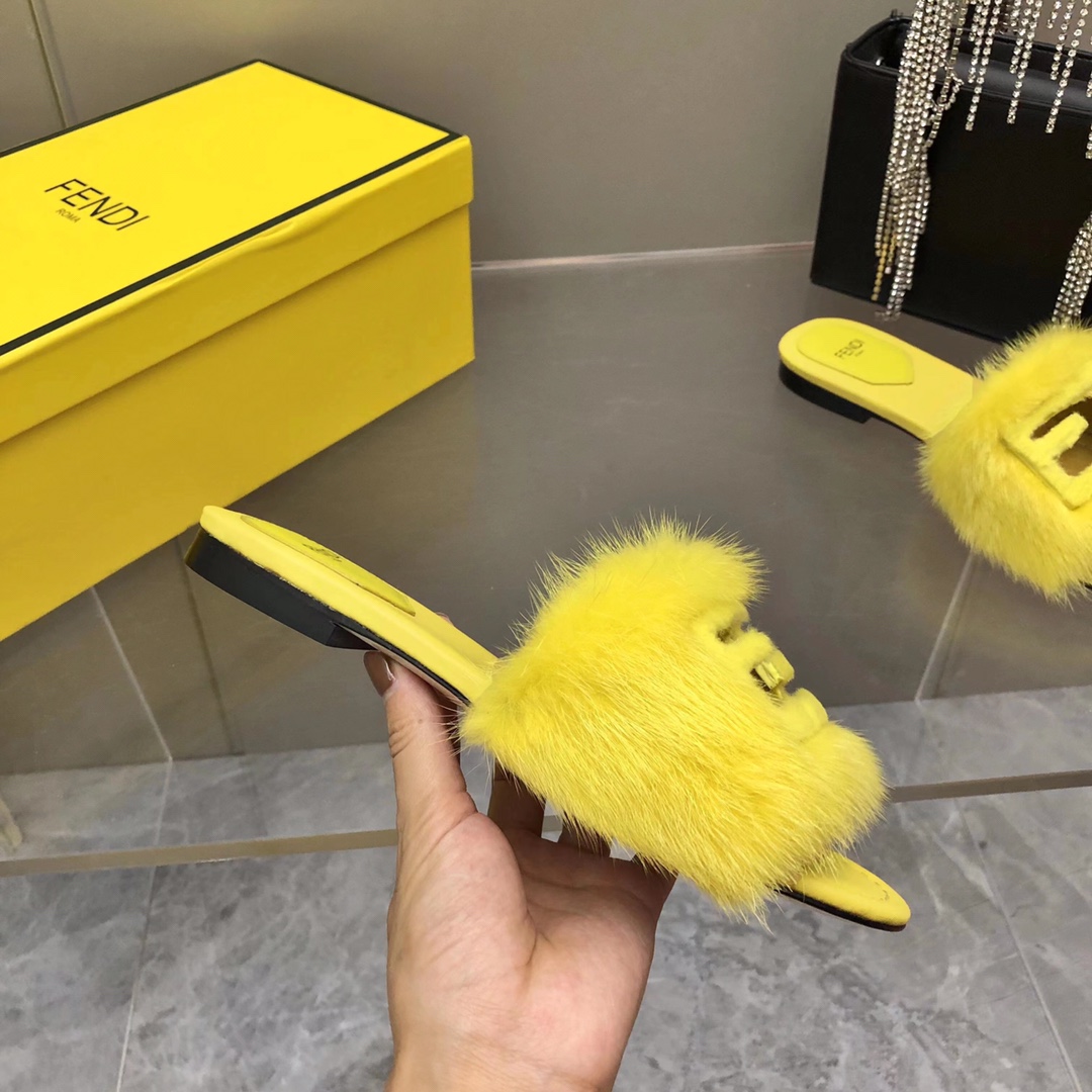 Fendi Baguette Yellow Mink Slides - DopestKickz