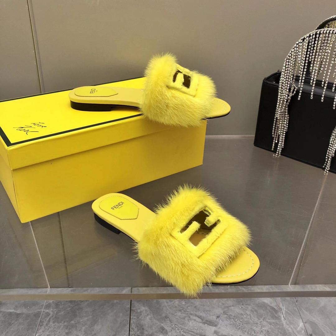 Fendi Baguette Yellow Mink Slides - DopestKickz