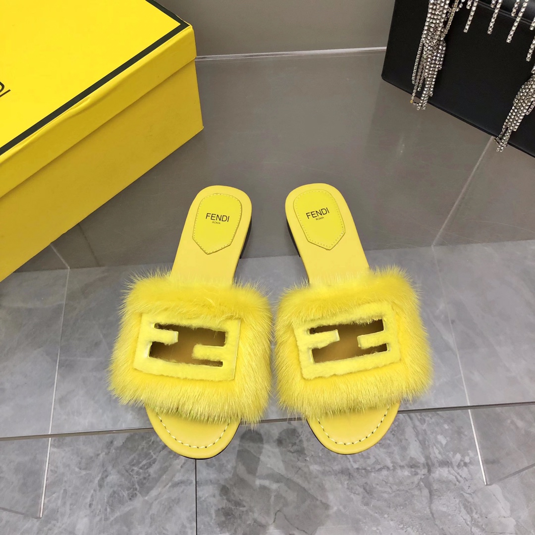 Fendi Baguette Yellow Mink Slides - DopestKickz
