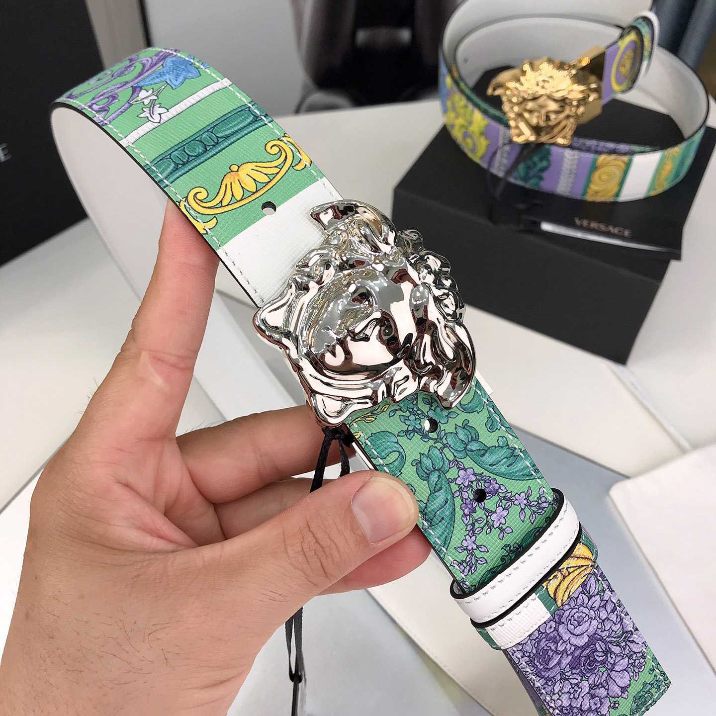 Versace Reversible Barocco Medusa Leather Belt   40mm - DopestKickz
