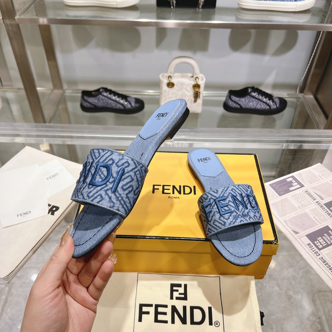 Fendi Signature Blue Denim Slides - DopestKickz