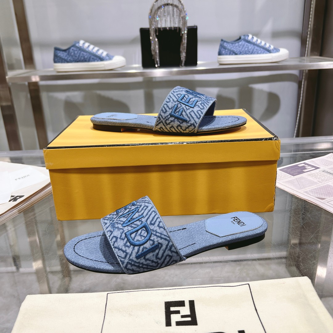Fendi Signature Blue Denim Slides - DopestKickz