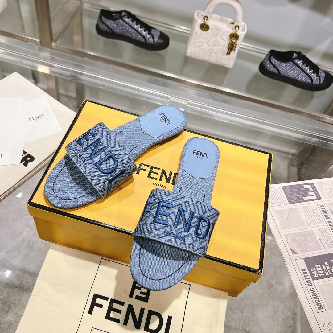 Fendi Signature Blue Denim Slides - DopestKickz