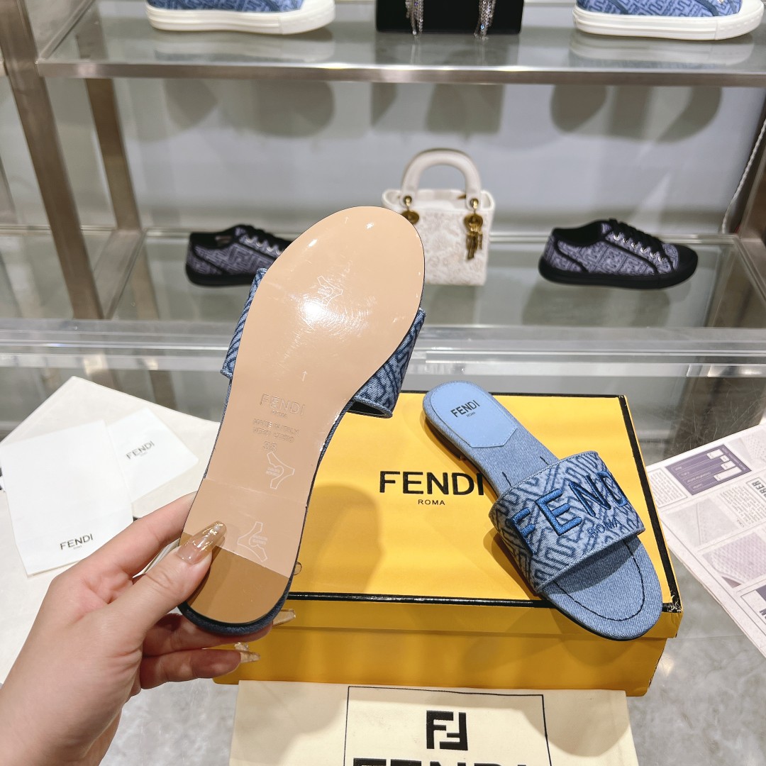 Fendi Signature Blue Denim Slides - DopestKickz
