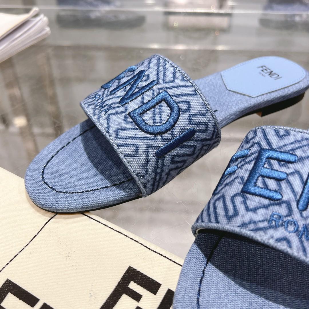 Fendi Signature Blue Denim Slides - DopestKickz