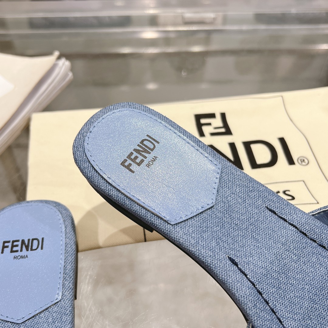Fendi Signature Blue Denim Slides - DopestKickz
