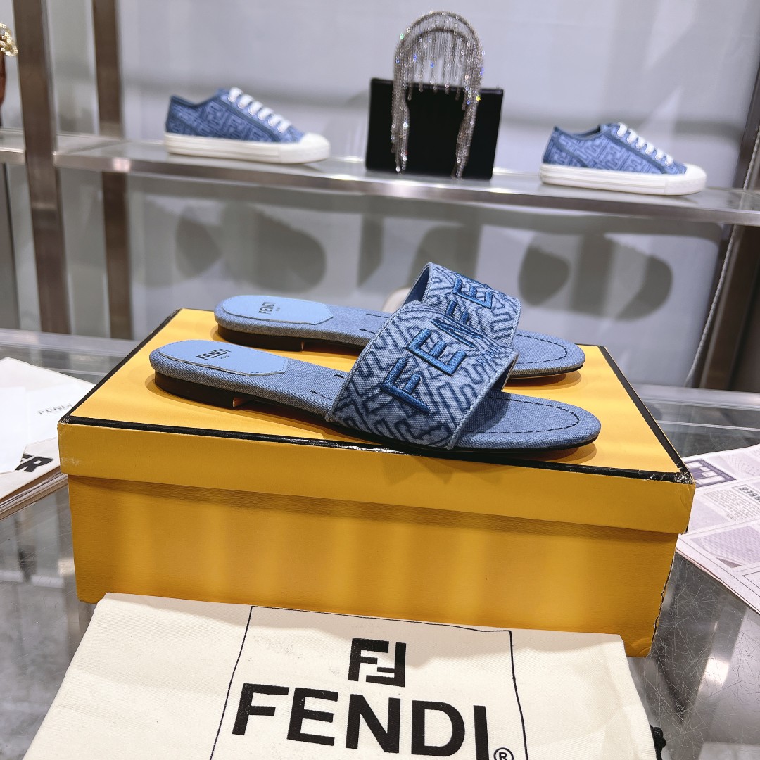 Fendi Signature Blue Denim Slides - DopestKickz