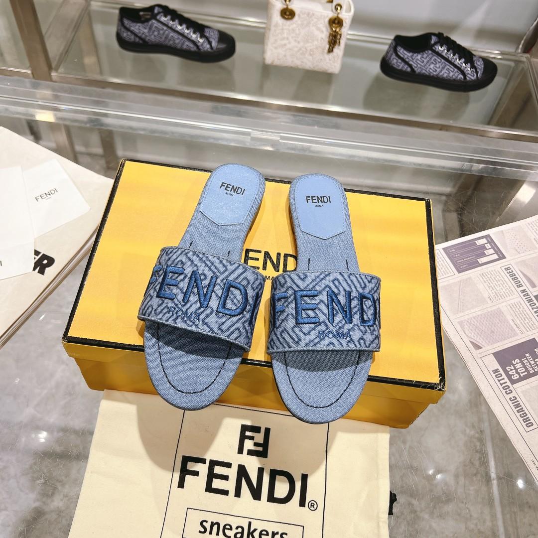 Fendi Signature Blue Denim Slides - DopestKickz