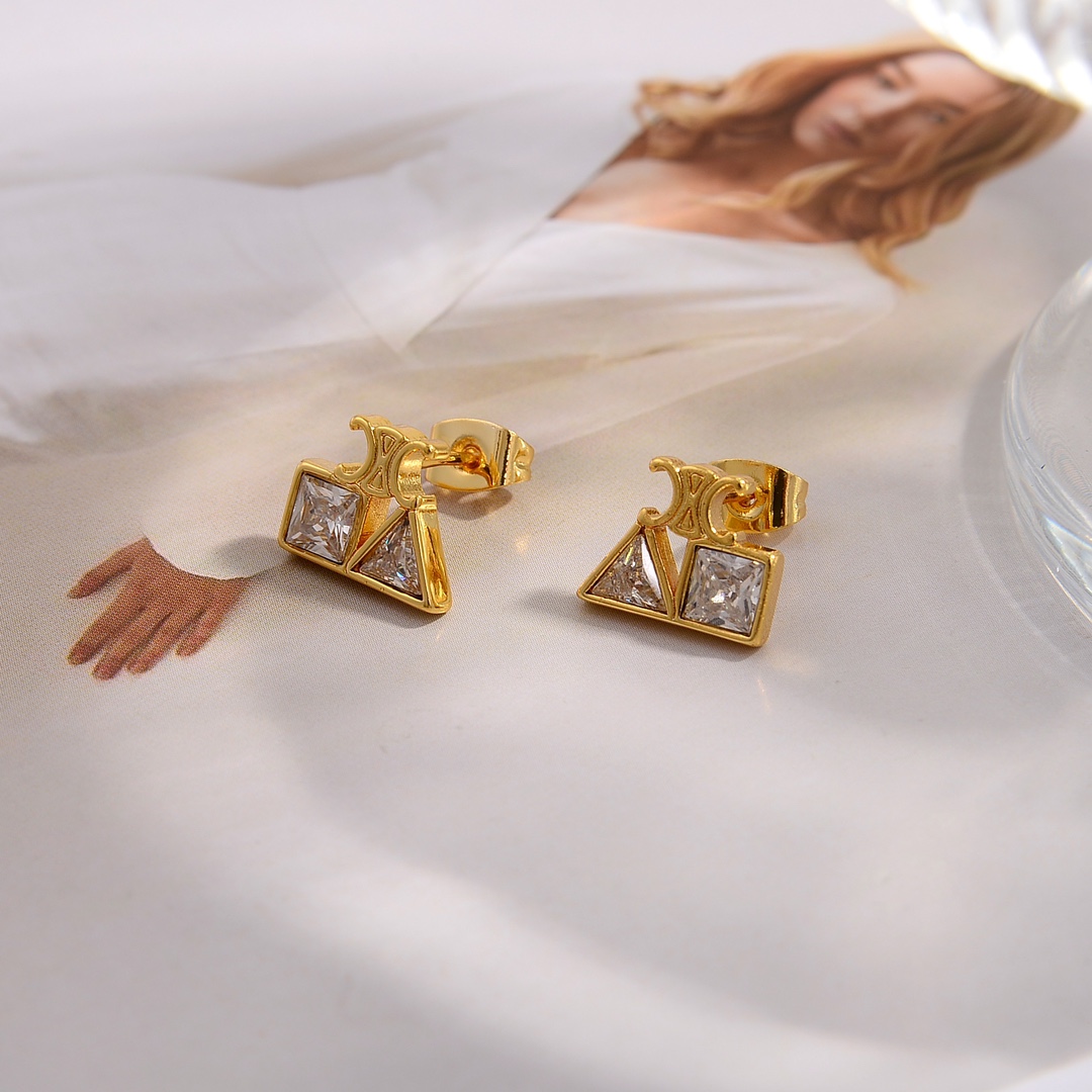 Celine Geometric Earrings In Brass With Gold Finish And Strass - DopestKickz