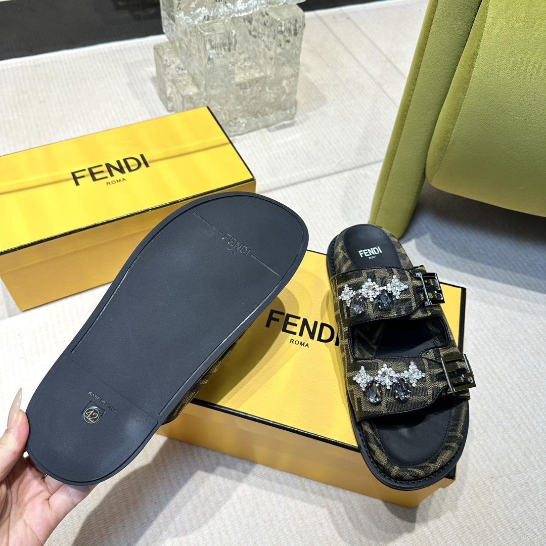 Fendi Feel Brown Fabric Slides - DopestKickz