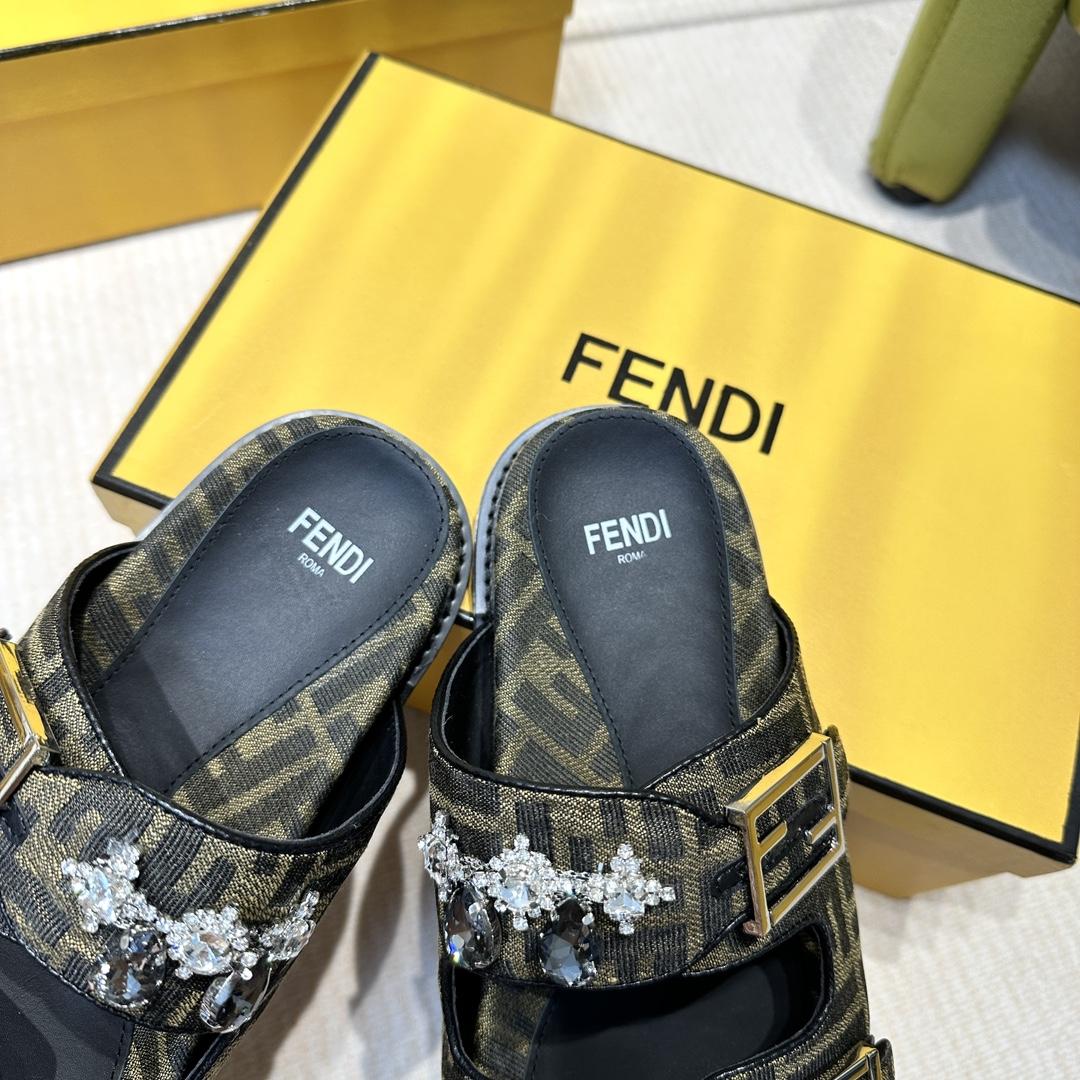 Fendi Feel Brown Fabric Slides - DopestKickz
