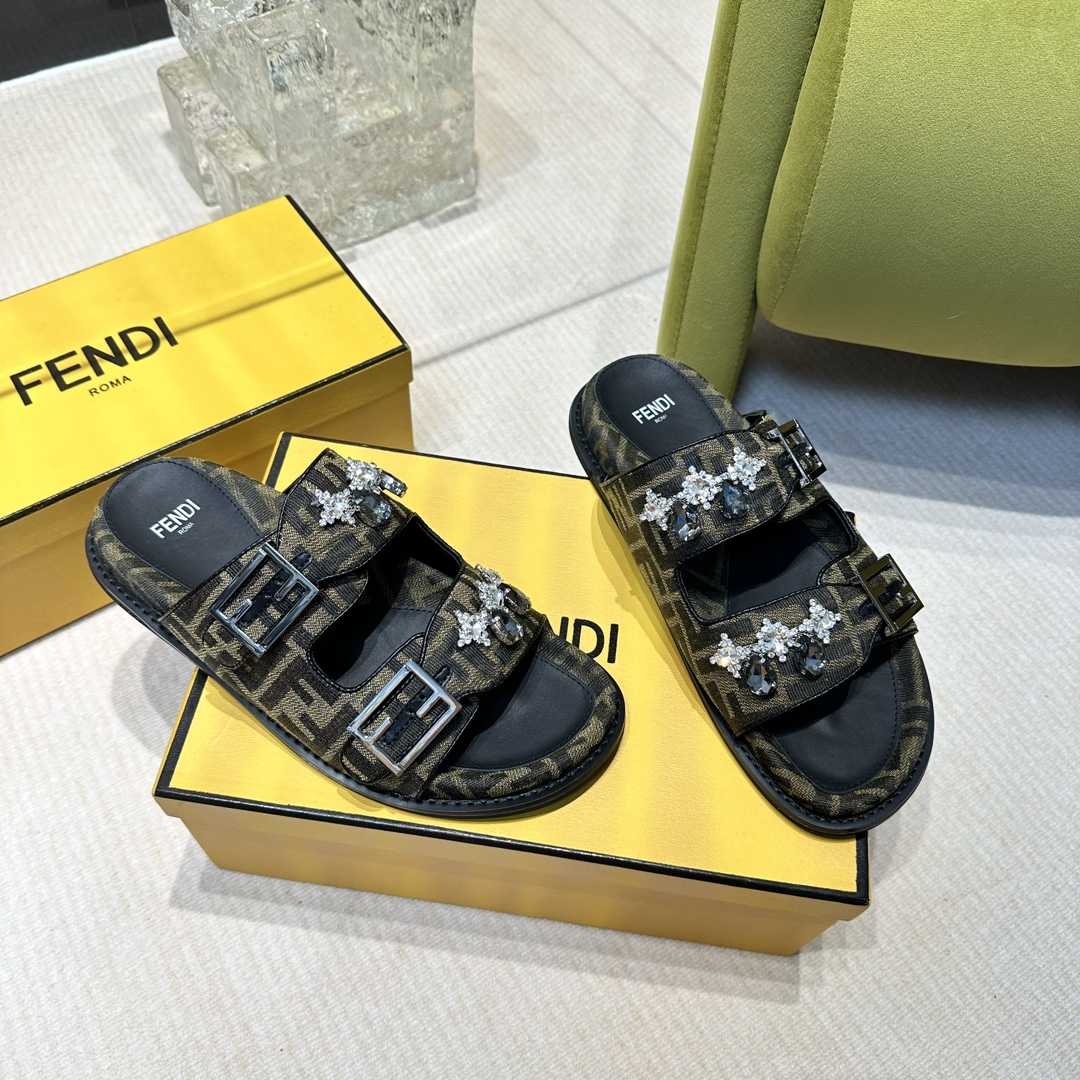 Fendi Feel Brown Fabric Slides - DopestKickz