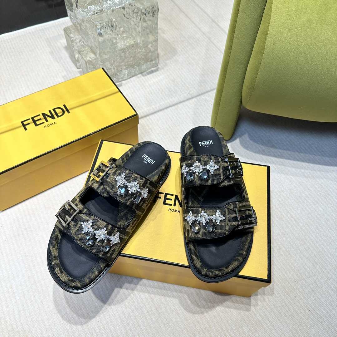 Fendi Feel Brown Fabric Slides - DopestKickz