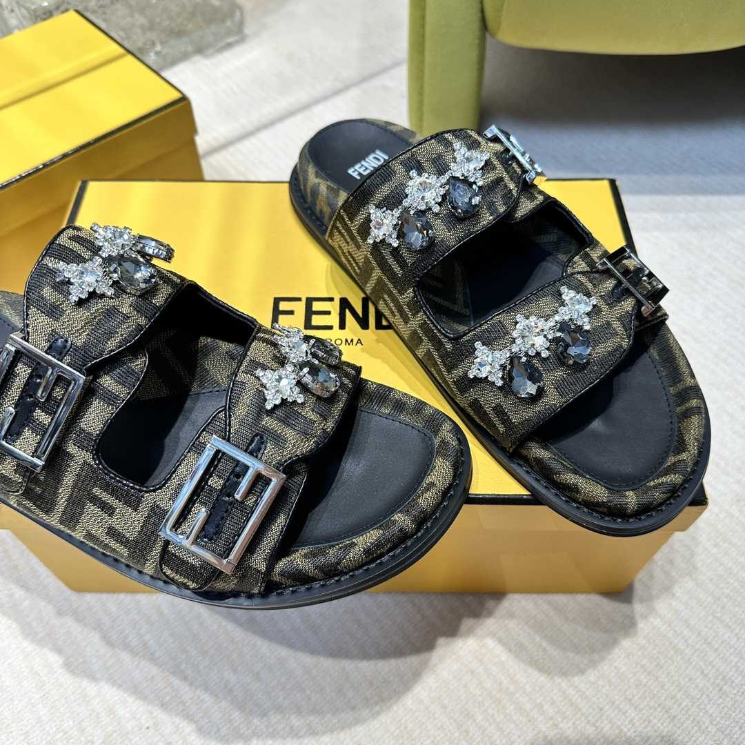 Fendi Feel Brown Fabric Slides - DopestKickz