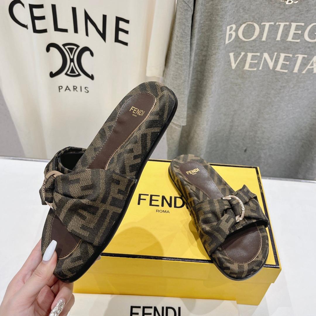 Fendi Feel Brown FF Jacquard Slides - DopestKickz