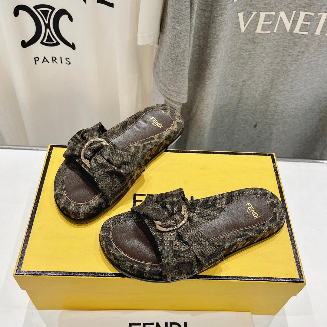 Fendi Feel Brown FF Jacquard Slides - DopestKickz