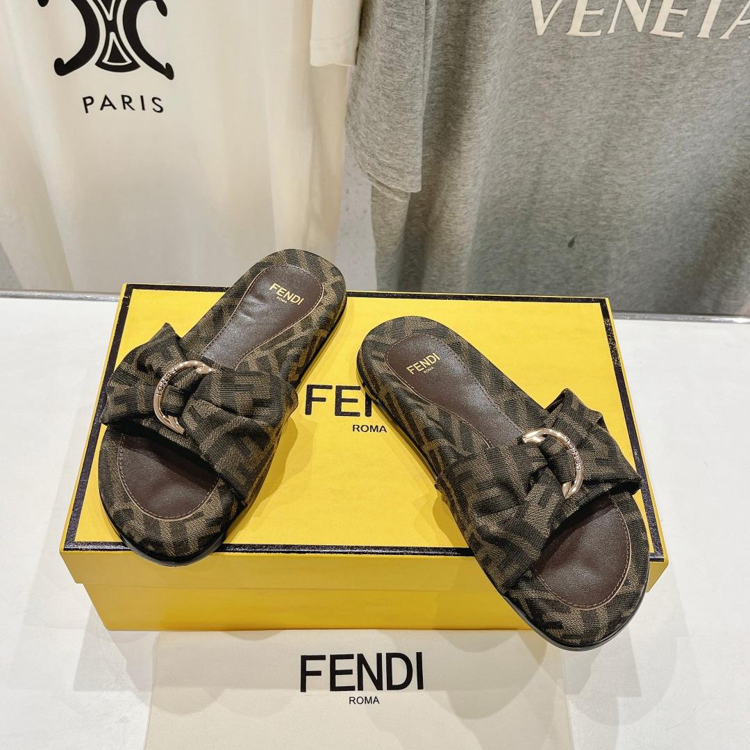 Fendi Feel Brown FF Jacquard Slides - DopestKickz