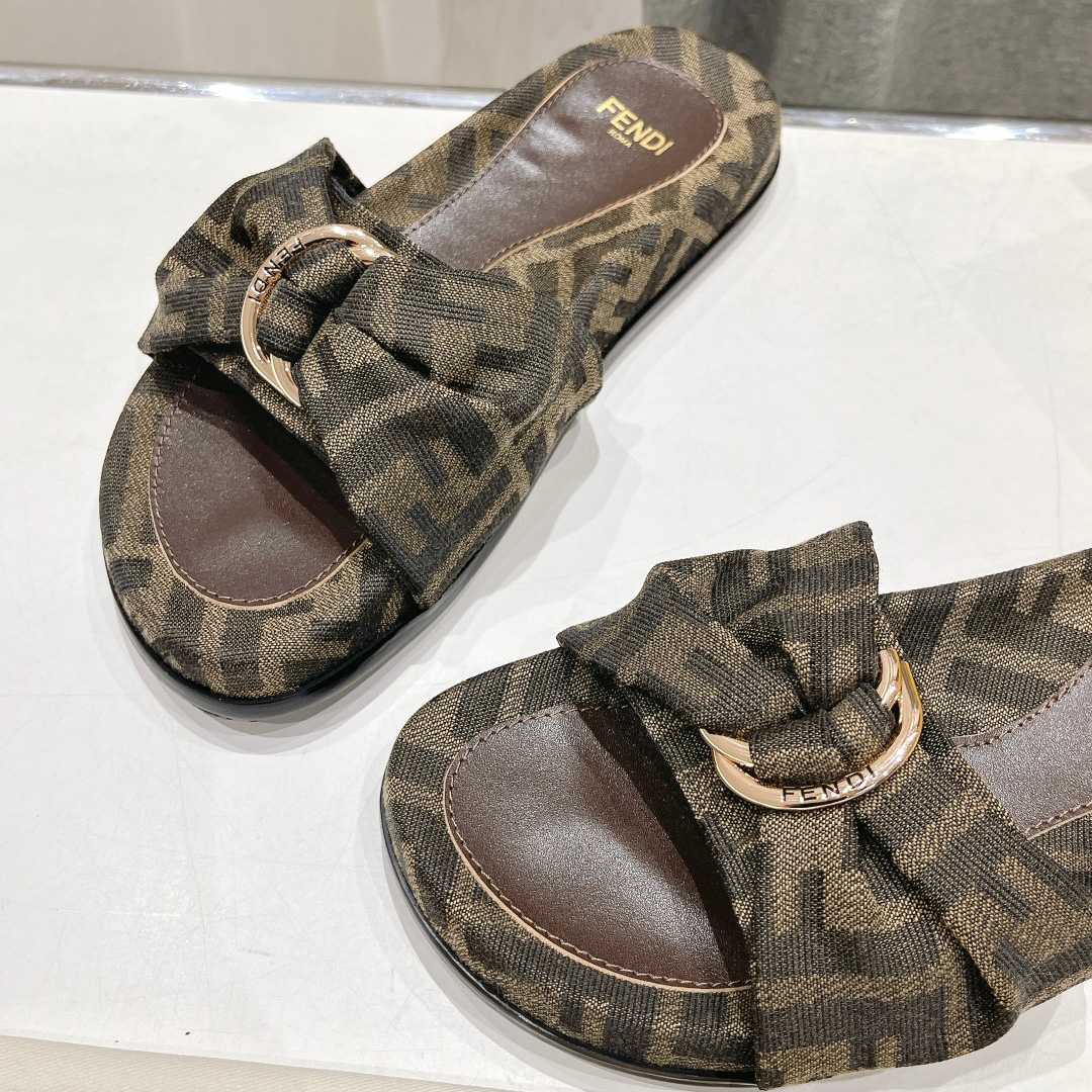 Fendi Feel Brown FF Jacquard Slides - DopestKickz