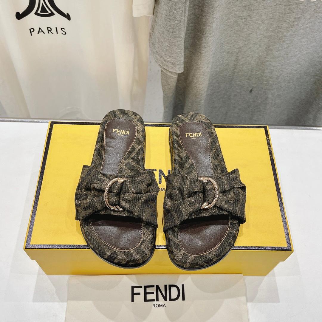 Fendi Feel Brown FF Jacquard Slides - DopestKickz