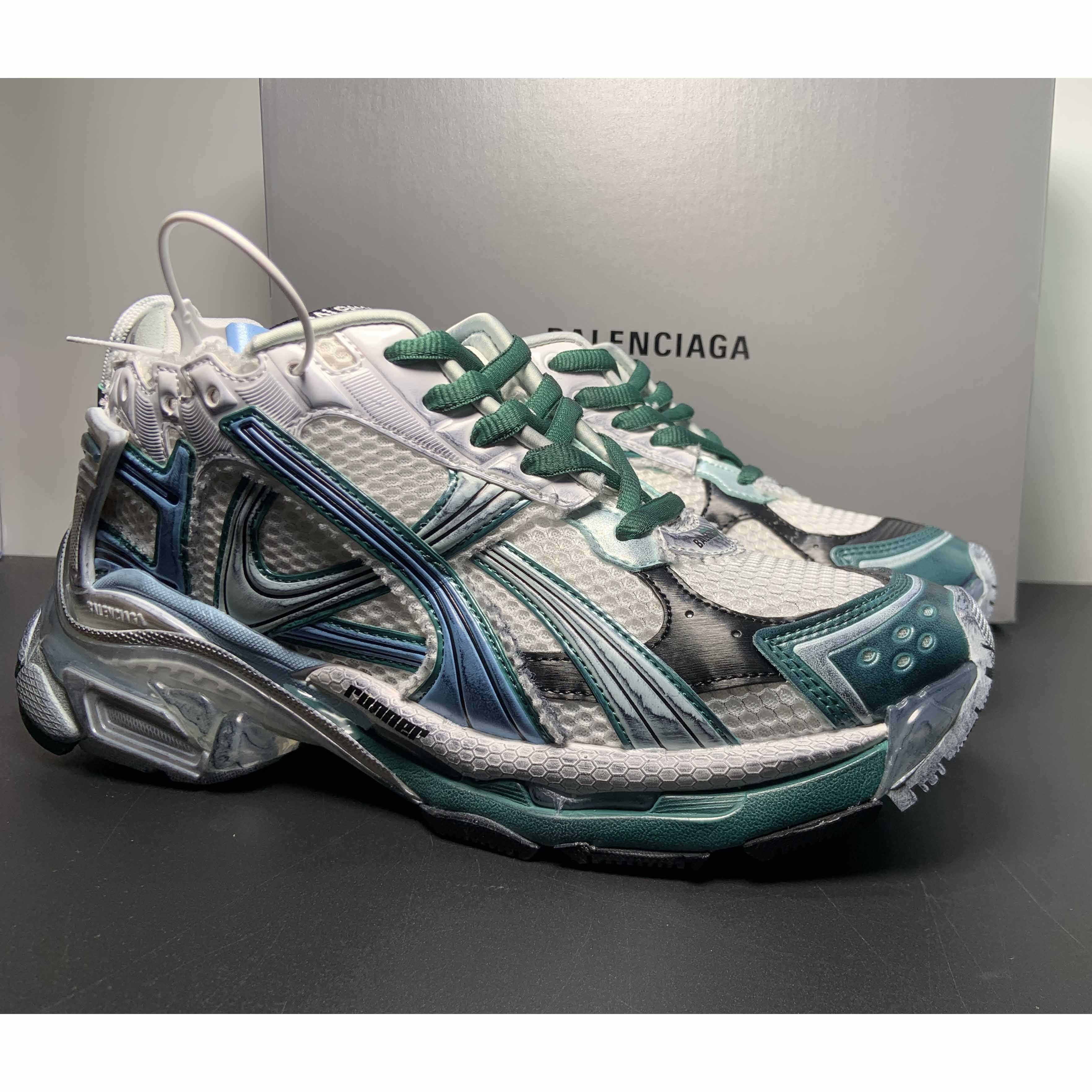 Balenciaga Runner Sneaker In White/Green And Blue - DopestKickz