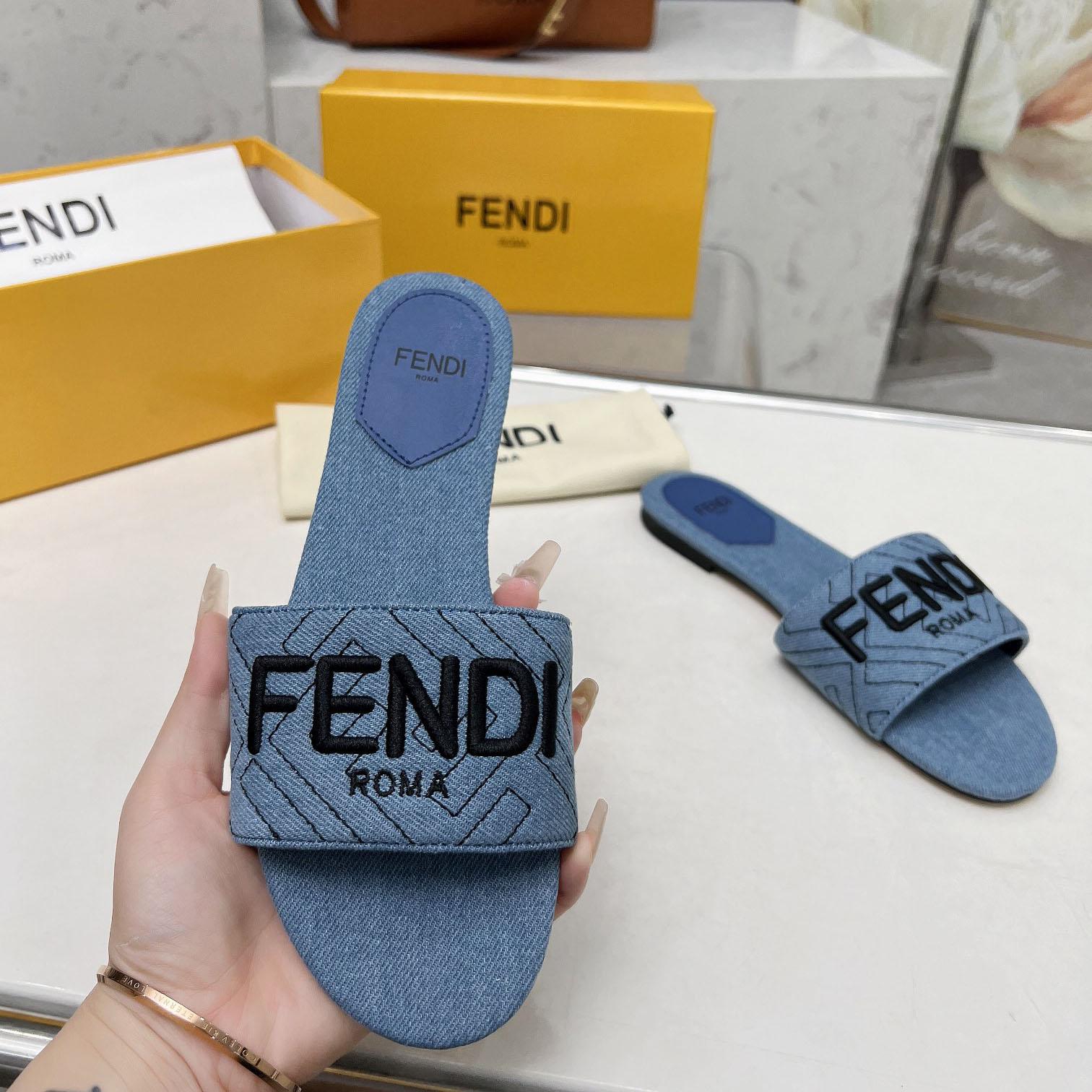 Fendi Signature Blue Denim Slides - DopestKickz