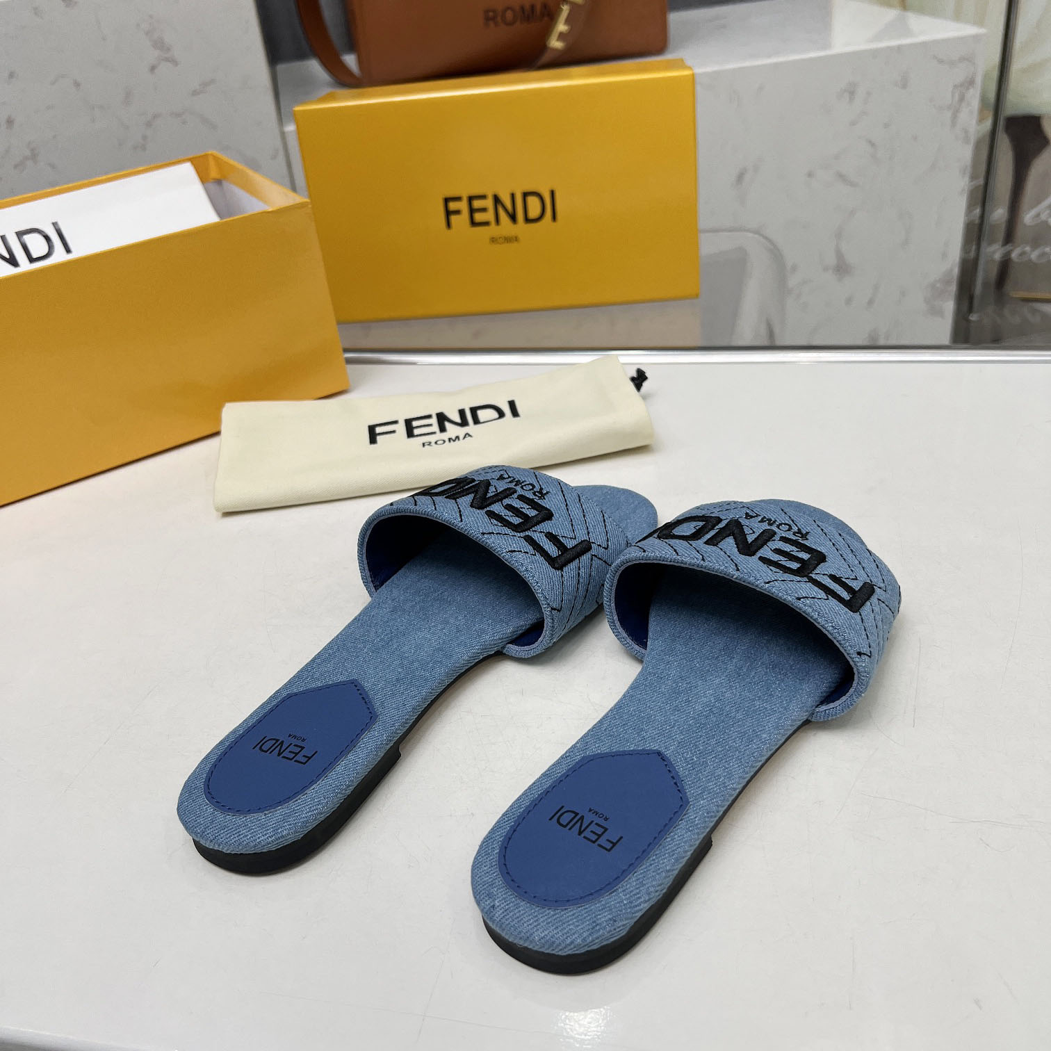 Fendi Signature Blue Denim Slides - DopestKickz