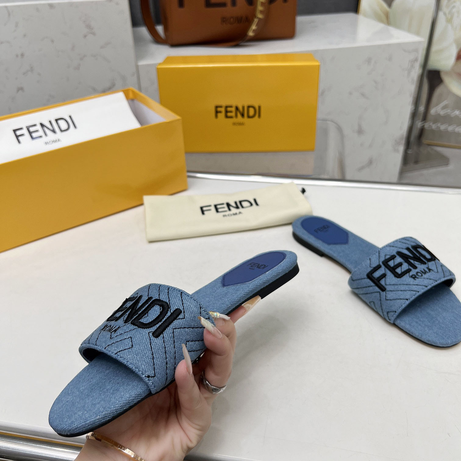 Fendi Signature Blue Denim Slides - DopestKickz