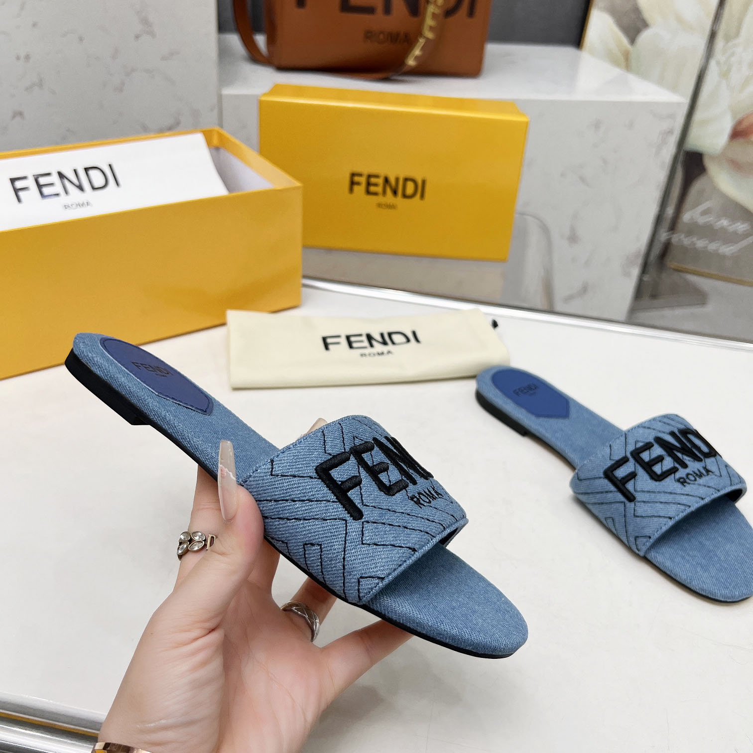 Fendi Signature Blue Denim Slides - DopestKickz