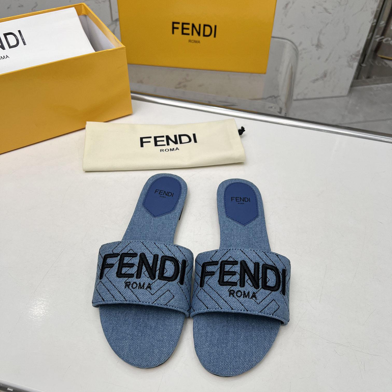Fendi Signature Blue Denim Slides - DopestKickz