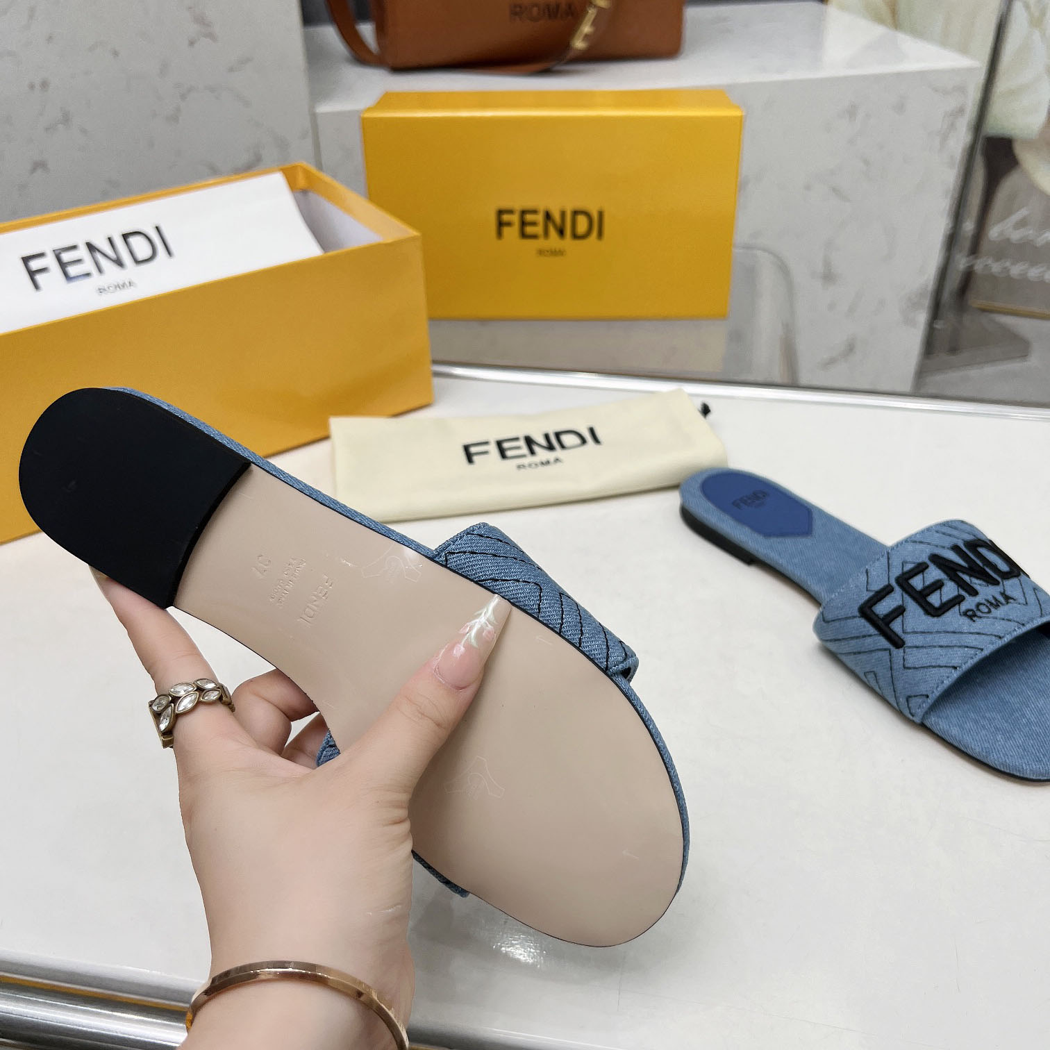 Fendi Signature Blue Denim Slides - DopestKickz