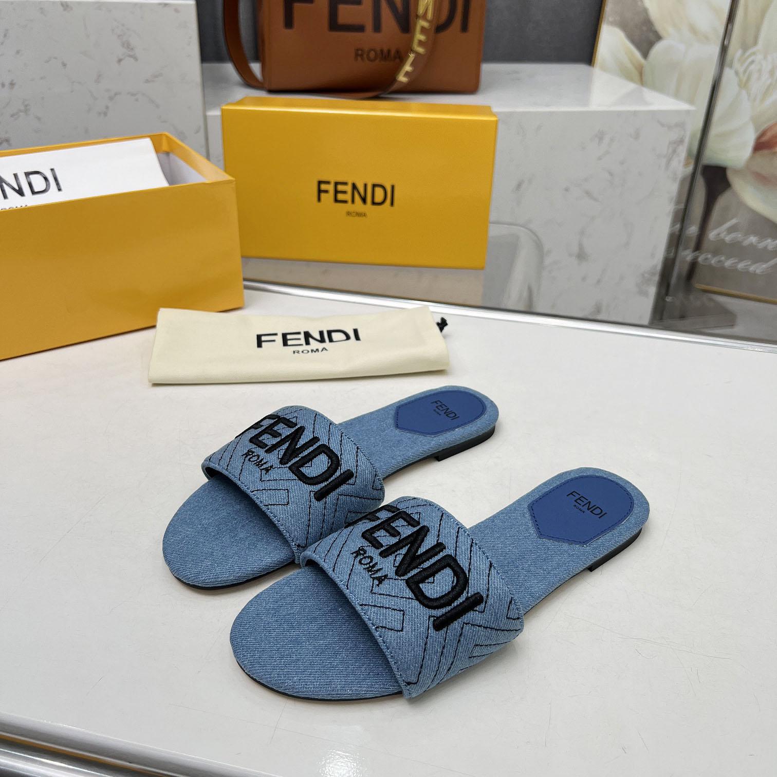 Fendi Signature Blue Denim Slides - DopestKickz