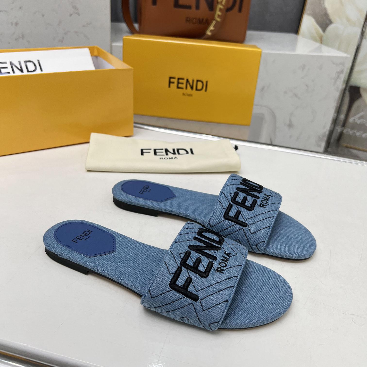 Fendi Signature Blue Denim Slides - DopestKickz