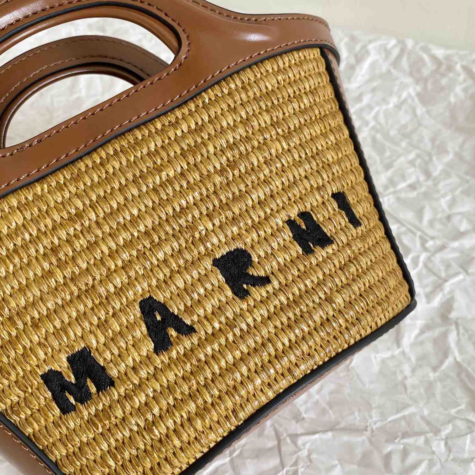 Marni Tropicalia Micro Bag In Brown Leather And Raffia-effect Fabric - DopestKickz
