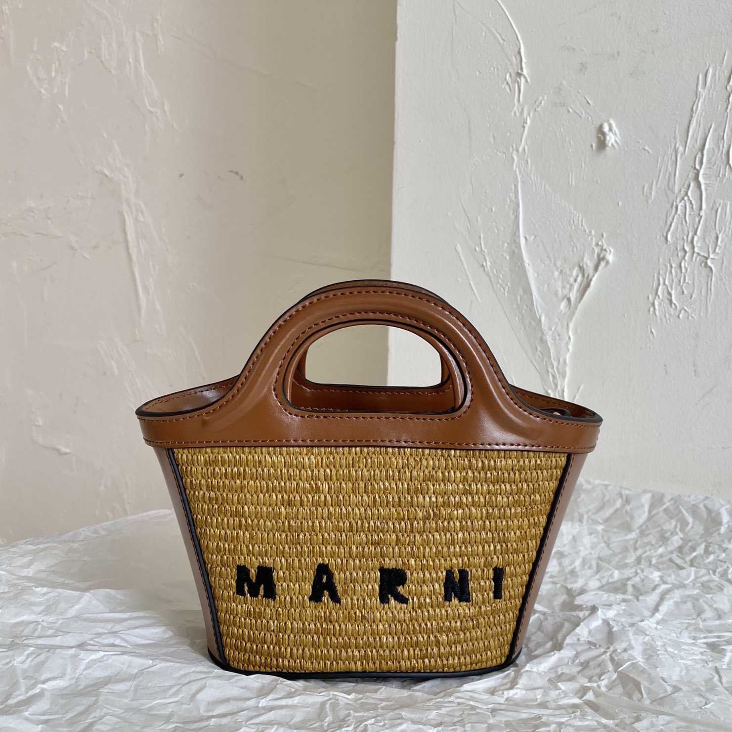 Marni Tropicalia Micro Bag In Brown Leather And Raffia-effect Fabric - DopestKickz