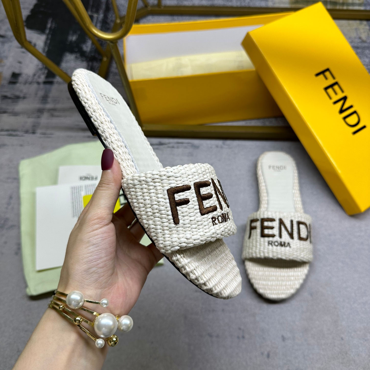 Fendi Signature Natural Raffia Slides - DopestKickz
