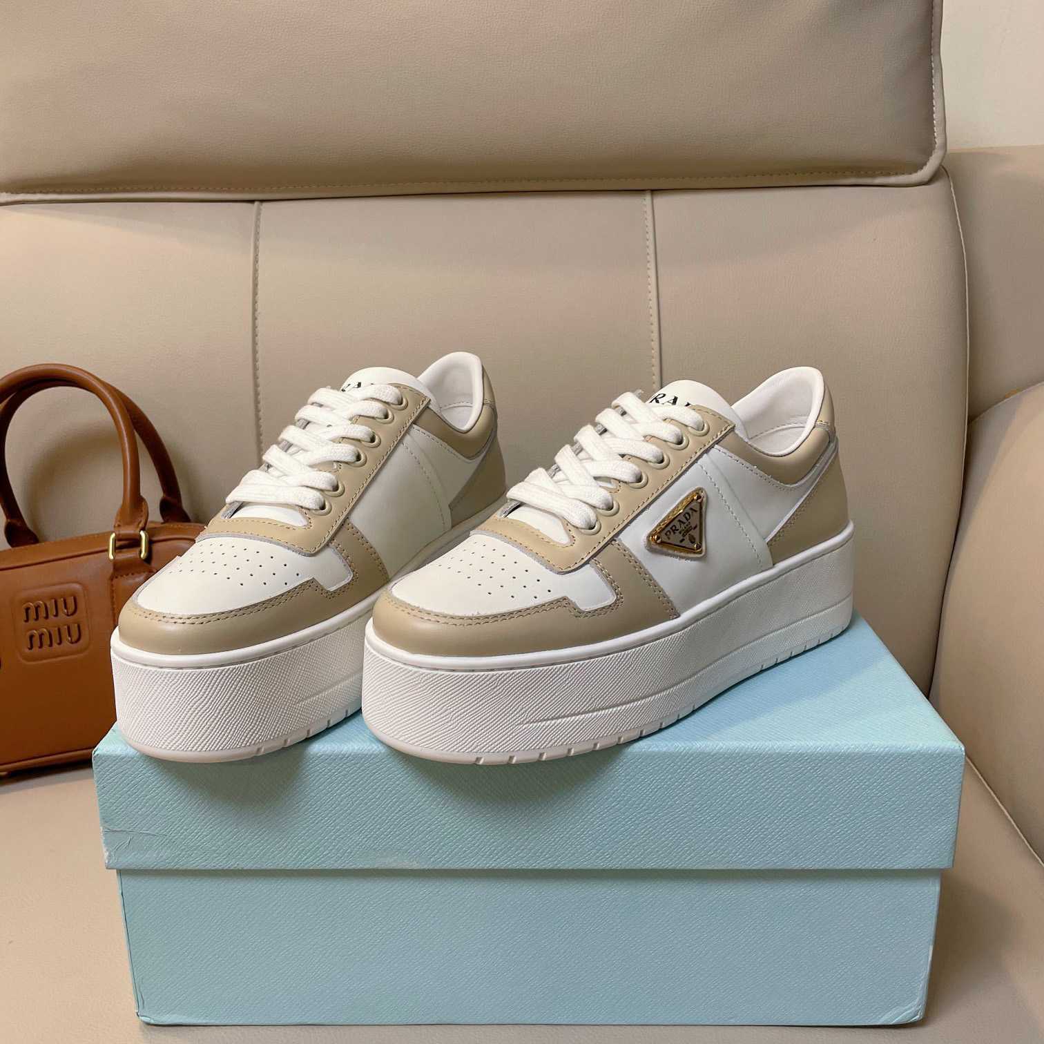 Prada Downtown Bold Leather Sneakers - DopestKickz