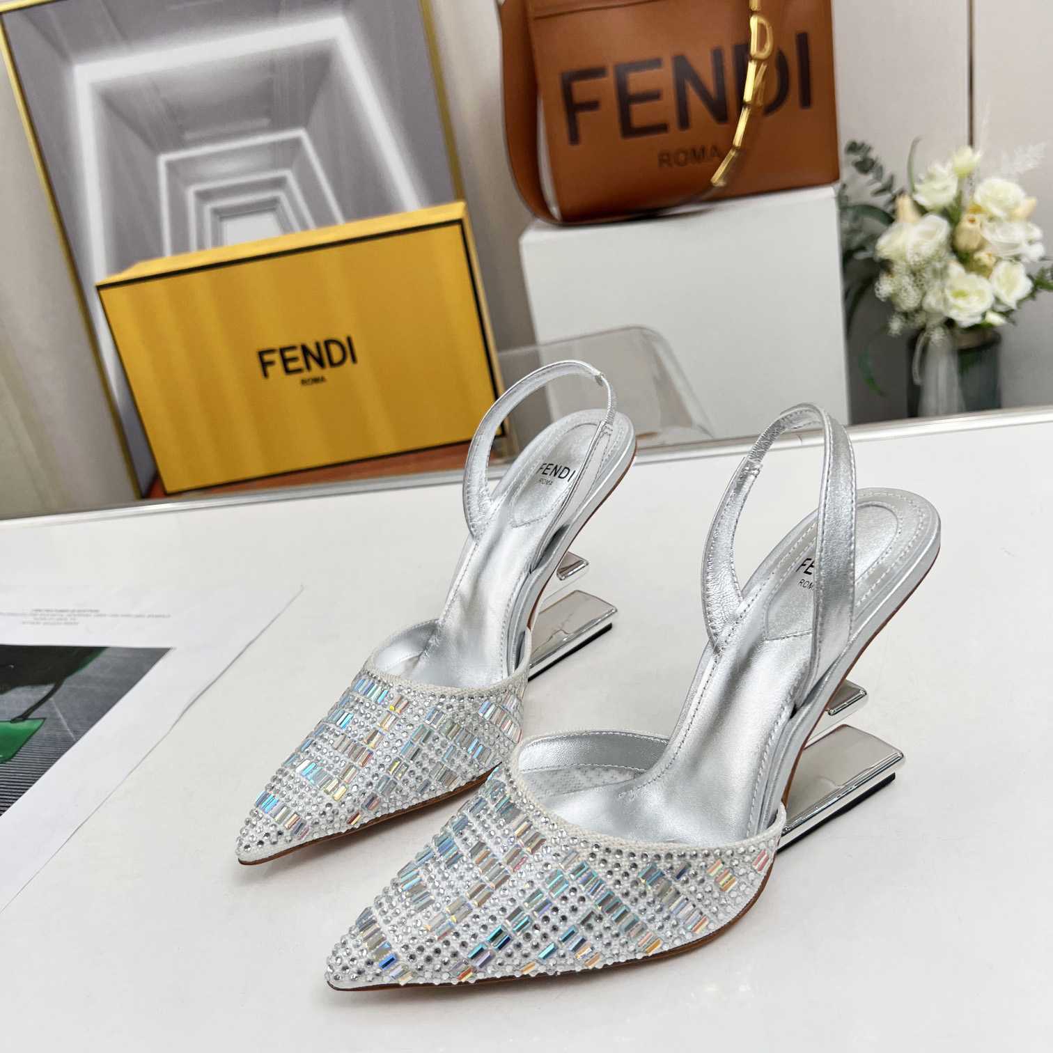 Fendi First Silver-colored Rhinestone High-heeled Slingbacks - DopestKickz