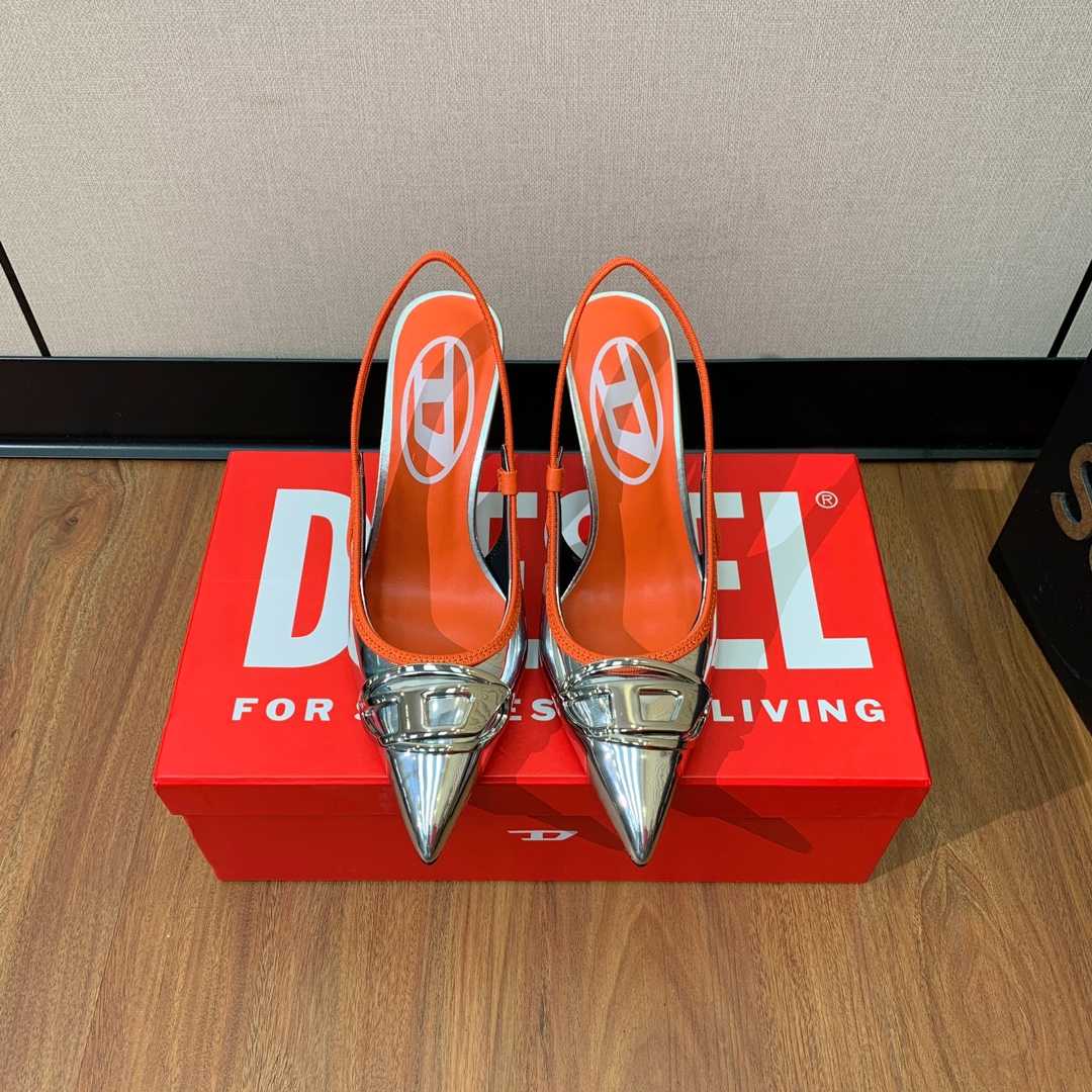 Diesel D-Venus Sb Slingback Pumps In Metallic Leather - DopestKickz