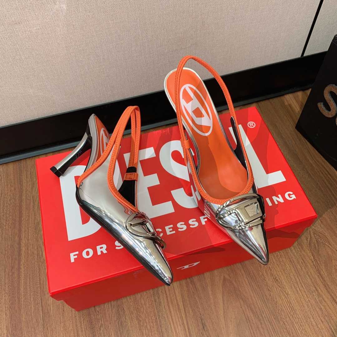 Diesel D-Venus Sb Slingback Pumps In Metallic Leather - DopestKickz