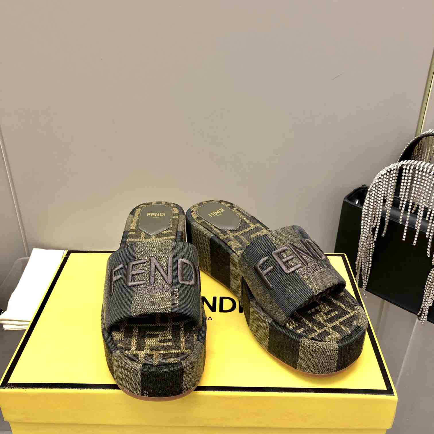 Fendi Sunshine Brown Fabric Flatform Slides - DopestKickz