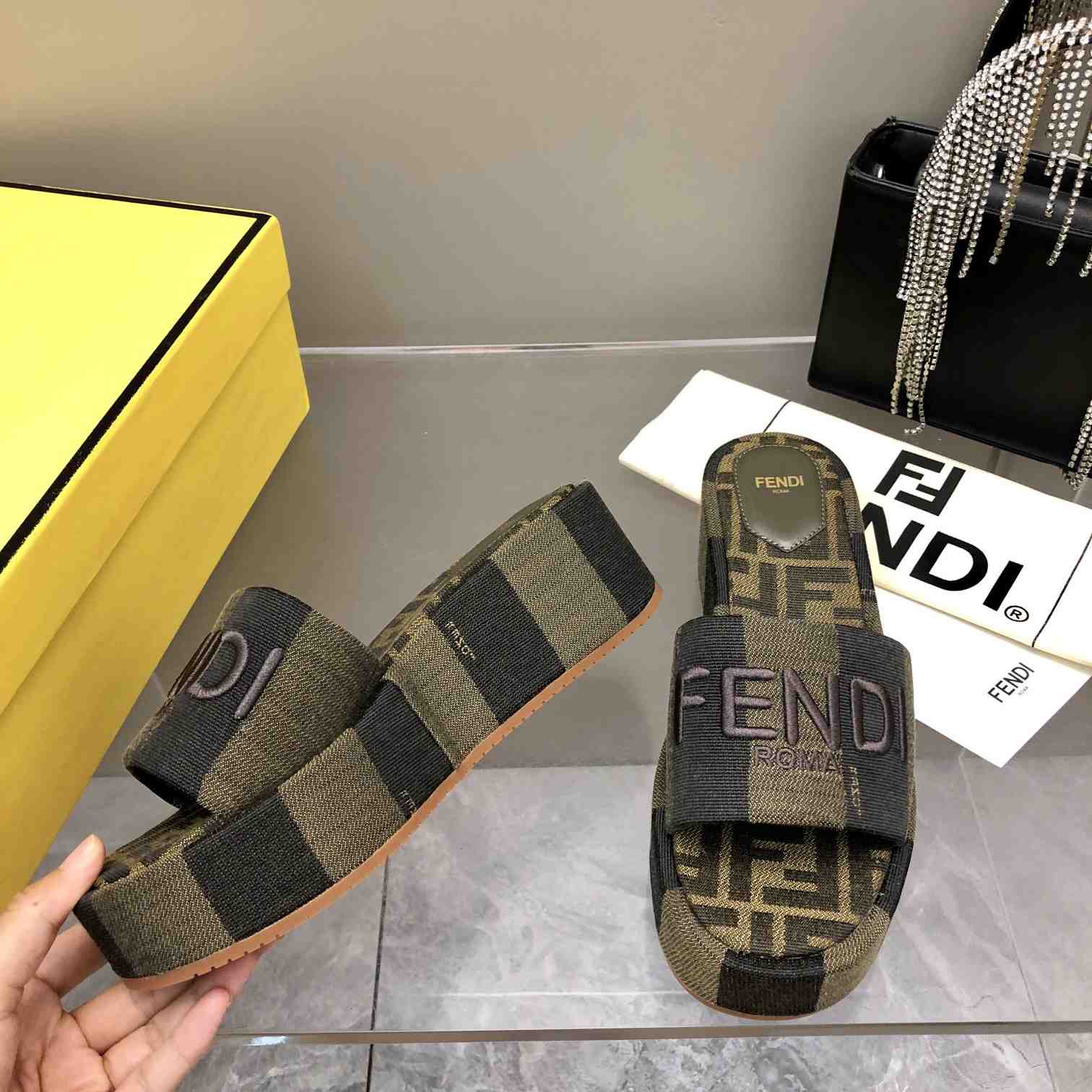 Fendi Sunshine Brown Fabric Flatform Slides - DopestKickz
